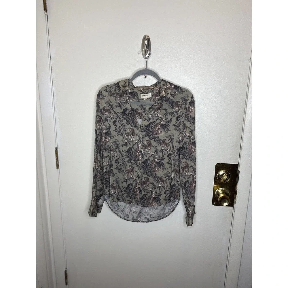 L'AGENCE Womens Top Size Small Olive Animal Print Viscose Blouse Button Up - Picture 3 of 9
